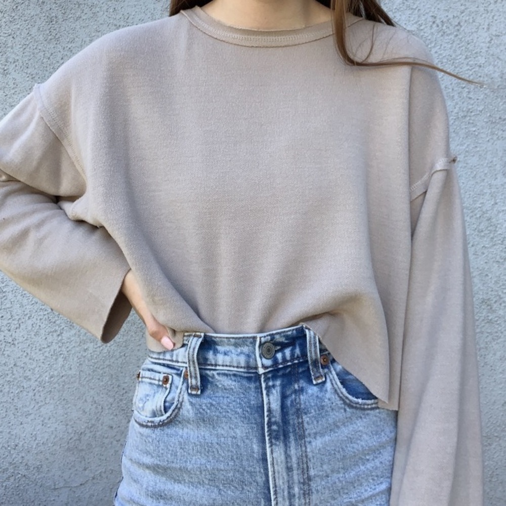 Tan Zara Cropped Long Sleeve Fleece Sweater S